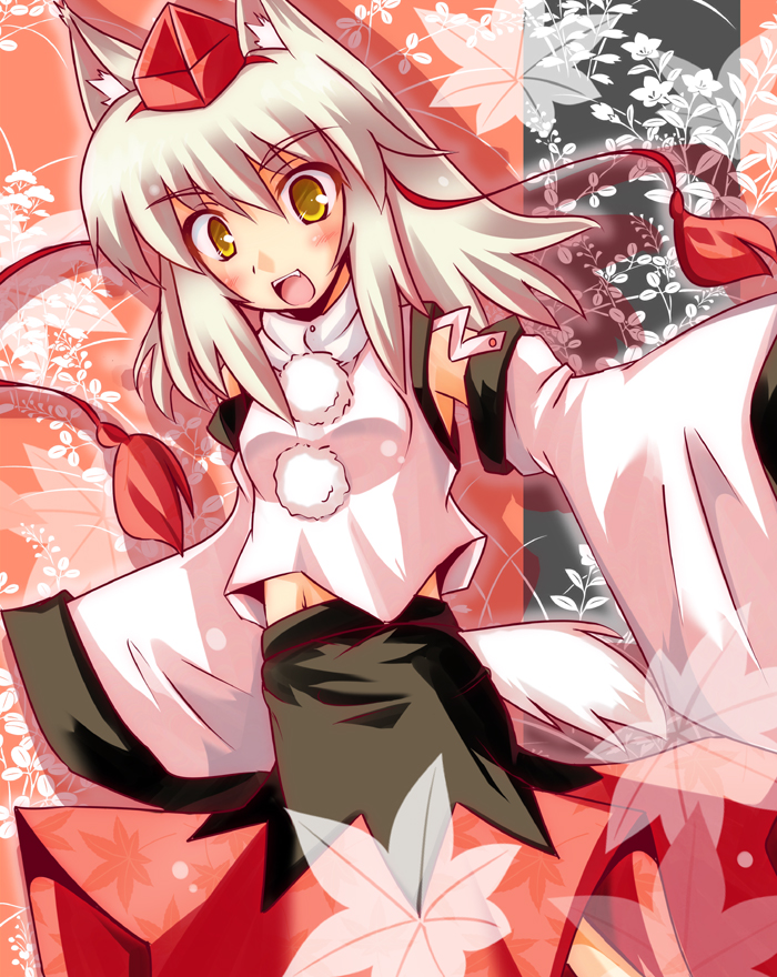 animal_ears, blush, detached_sleeves, hat, inubashiri_momiji, leaf, midriff, navel