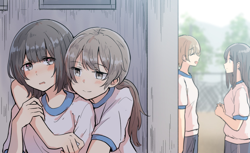 4girls, absurdres, arm_around_neck, betock, black_hair, blush, brown_hair, gym_uniform