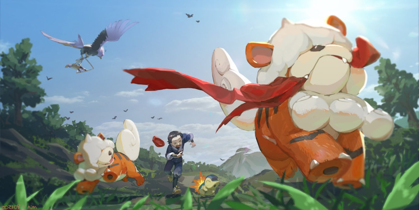 >_<, 1boy, bird, chasing, clouds, cyndaquil, day, fangs