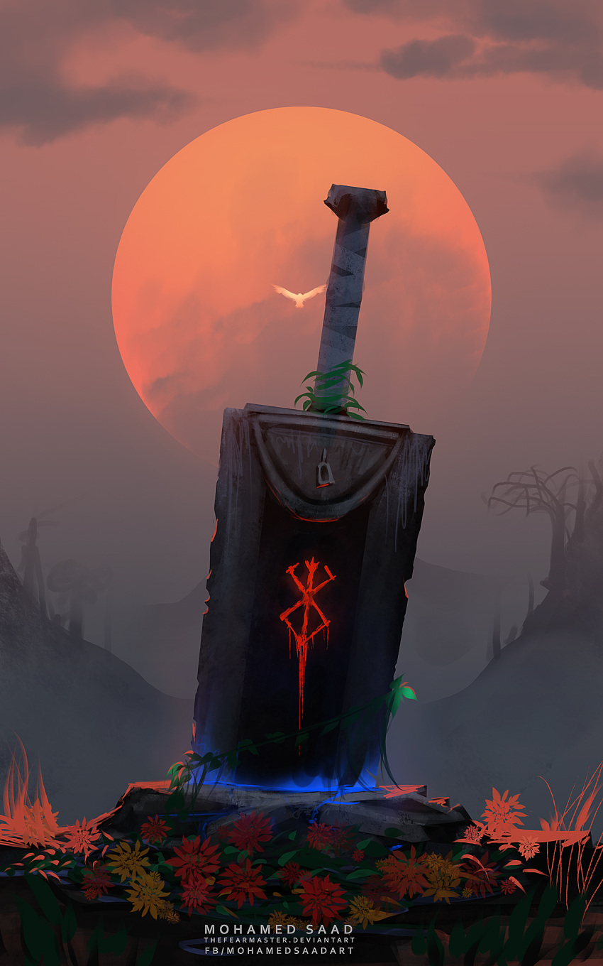 artist_name, bare_tree, berserk, brand_of_sacrifice, clouds, cloudy_sky, dragonslayer_(sword), english_commentary, flower, highres, miura_kentarou_(mangaka), no_humans, planted, planted_sword, sky, sun, sword, thefearmaster, tree, weapon