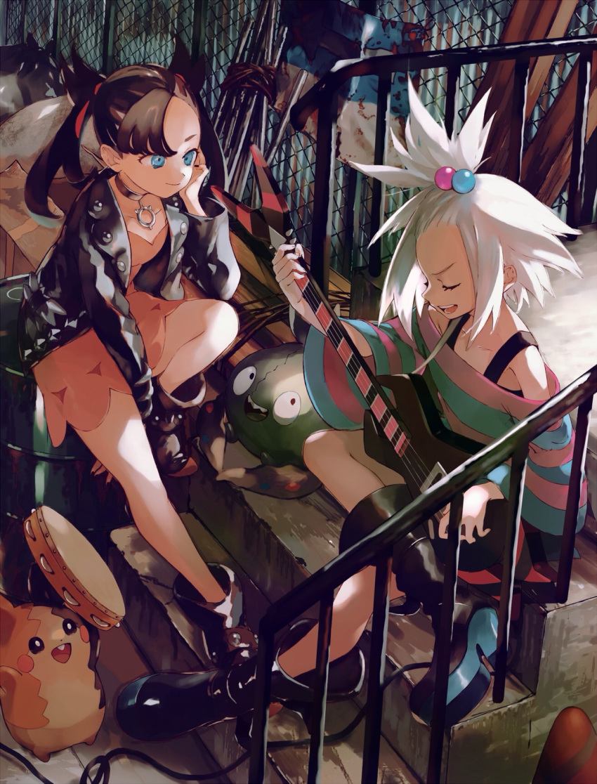 2girls, :d, ankle_boots, asymmetrical_bangs, bangs, bass_guitar, black_footwear, black_hair
