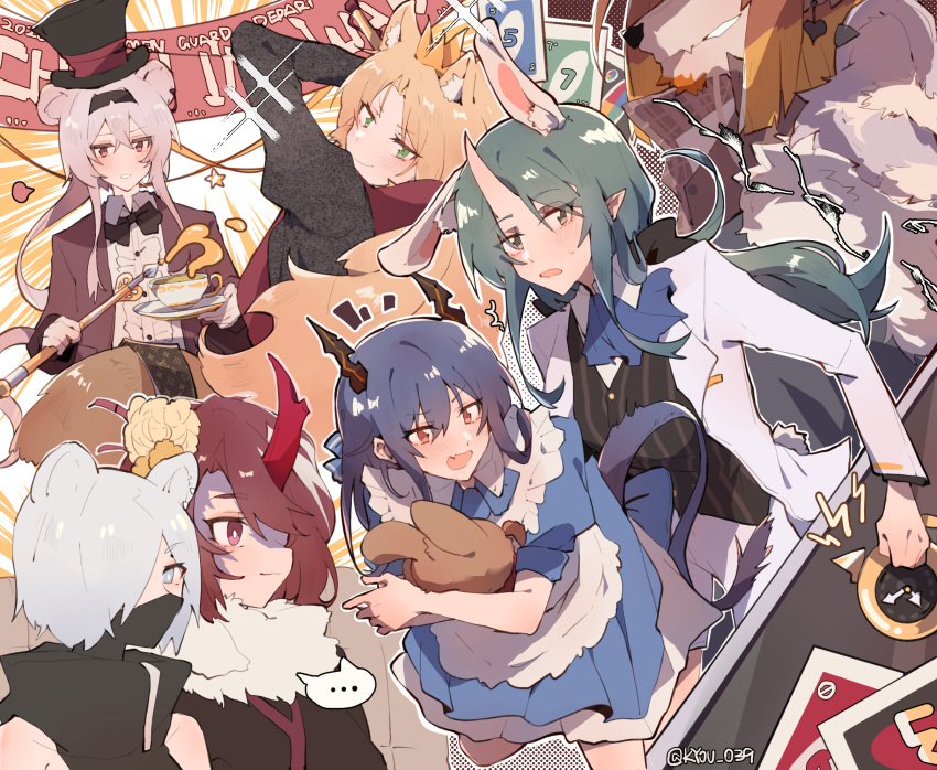 ..., 1boy, 6+girls, alice_(alice_in_wonderland), alice_(alice_in_wonderland)_(cosplay), alice_in_wonderland, animal_ears, apron