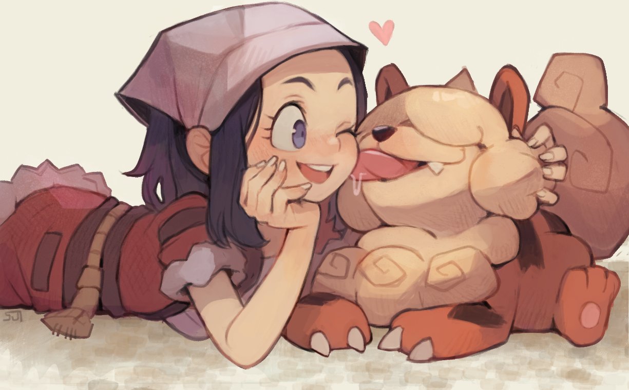 1girl, ;d, akari_(pokemon), black_hair, blush, claws, commentary, eyelashes