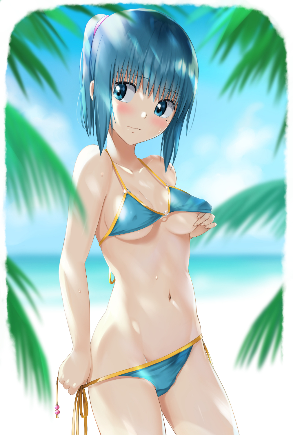 1girl, :|, bangs, beach, bikini, blue_bikini, blue_eyes, blue_hair, blurry, blurry_background, blurry_foreground, blush, breasts, closed_mouth, clouds, collarbone, covered_nipples, cowboy_shot, day, depth_of_field, eyebrows_visible_through_hair, groin, hair_tie, hand_under_clothes, hand_under_swimsuit, high_ponytail, highres, kuchinawa_(skyks), lifted_by_self, looking_back, medium_breasts, navel, nervous, ocean, original, outdoors, palm_leaf, ponytail, pulled_by_self, side-tie_bikini, sidelocks, sky, solo, standing, sweat, swimsuit, tree, under_boob, wavy_mouth