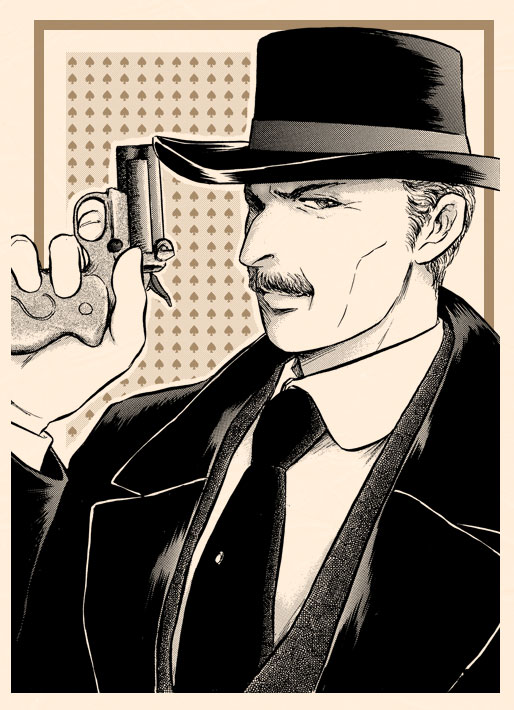 1boy, black_headwear, black_neckwear, black_suit, cheekbones, doriru_makkusu_tagami, facial_hair, gun, hat, holding, holding_gun, holding_weapon, looking_at_viewer, male_focus, monochrome, mustache, necktie, sabata_(character), sabata_trilogy, simple_background, solo, spade_(shape), upper_body, weapon