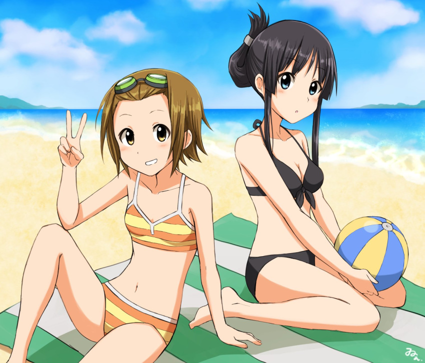 2girls, akiyama_mio, ball, beach, beach_towel, beachball, bikini, black_hair, blue_eyes, breasts, brown_eyes, brown_hair, collarbone, een941, eyebrows_visible_through_hair, goggles, goggles_on_head, hair_bun, highres, k-on!, medium_breasts, multiple_girls, open_mouth, sitting, small_breasts, smile, striped, striped_bikini, swimsuit, tainaka_ritsu, towel, v