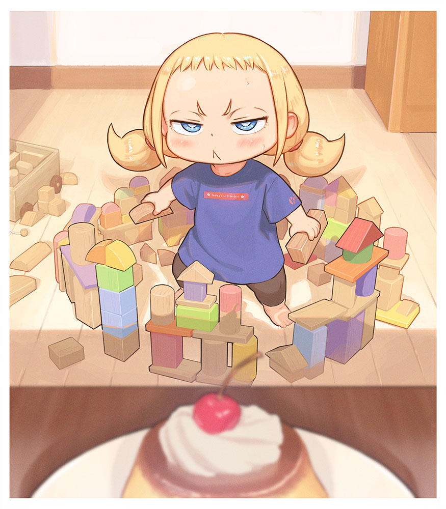 1girl, :<, barefoot, black_pants, blonde_hair, blue_eyes, blue_shirt, border