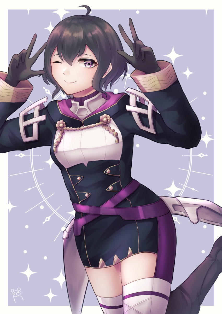 1girl, absurdres, adapted_costume, ahoge, arms_up, black_hair, border, dress