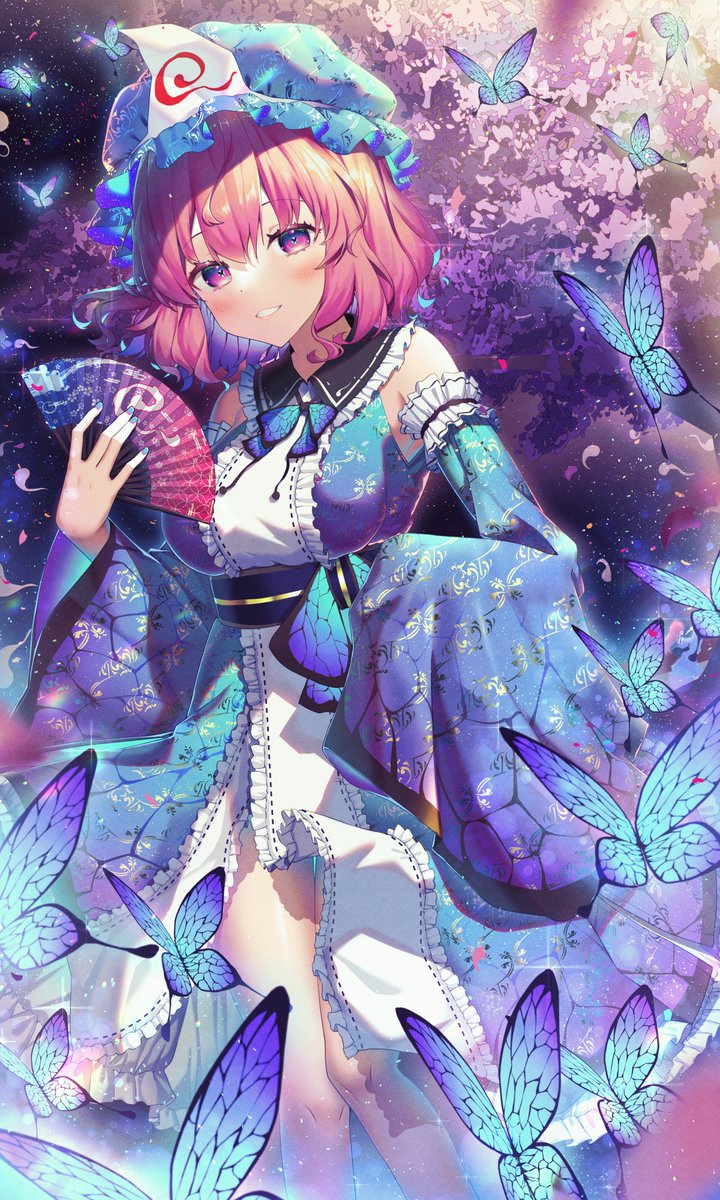 1girl, bangs, bare_shoulders, blue_headwear, blue_kimono, bug, butterfly, cherry_blossoms, detached_sleeves, eyebrows_visible_through_hair, floral_print, folding_fan, hand_fan, hat, highres, holding, holding_fan, insect, japanese_clothes, kimono, kiramarukou, looking_at_viewer, mob_cap, pink_ahir, pink_eyes, saigyouji_yuyuko, short_hair, smile, solo, standing, touhou, triangular_headpiece, wide_sleeves
