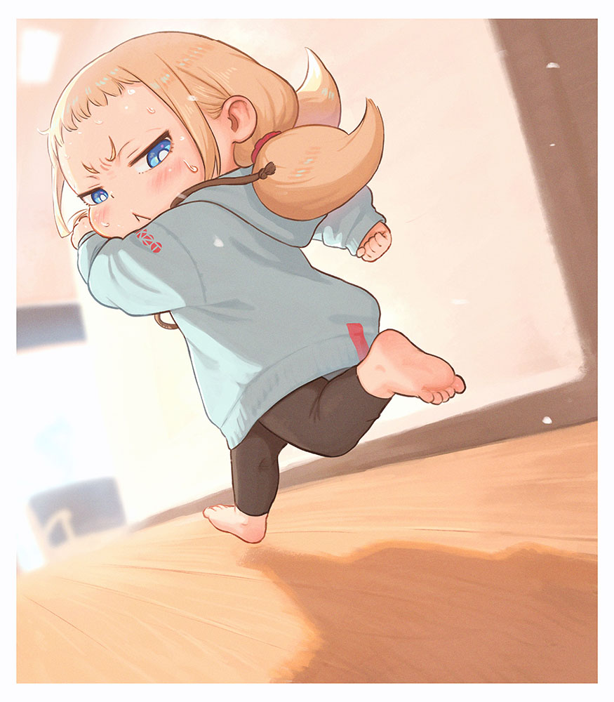 1girl, :<, barefoot, blonde_hair, blue_eyes, blue_hoodie, brown_legwear, child