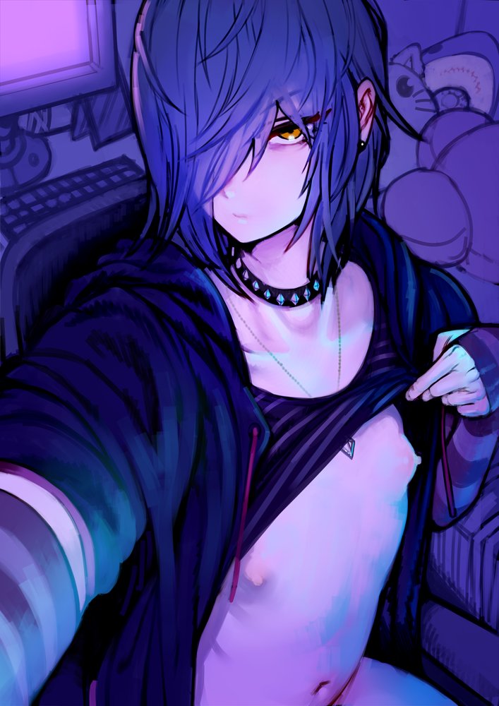 1boy, 2n5, choker, earrings, elbow_gloves, gloves, hair_over_one_eye, jewelry
