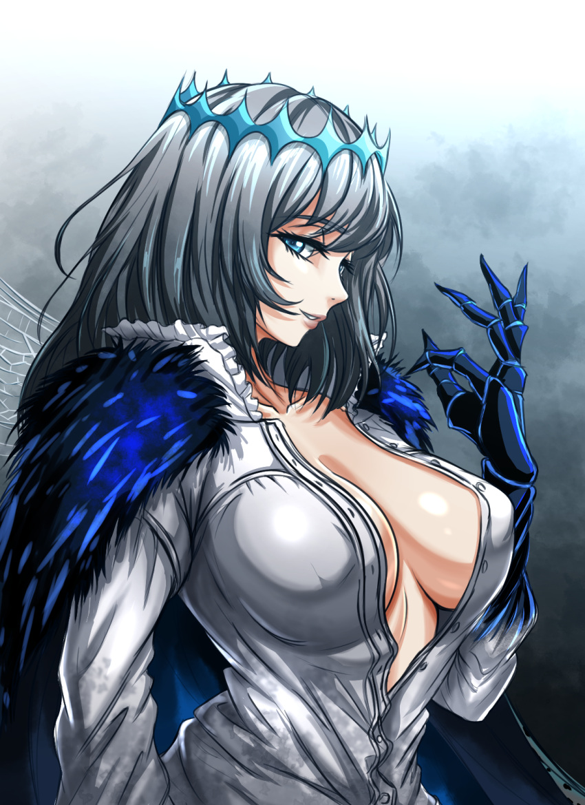 1girl, blue_eyes, breasts, cloak, collarbone, collared_shirt, crown, eyebrows_visible_through_hair