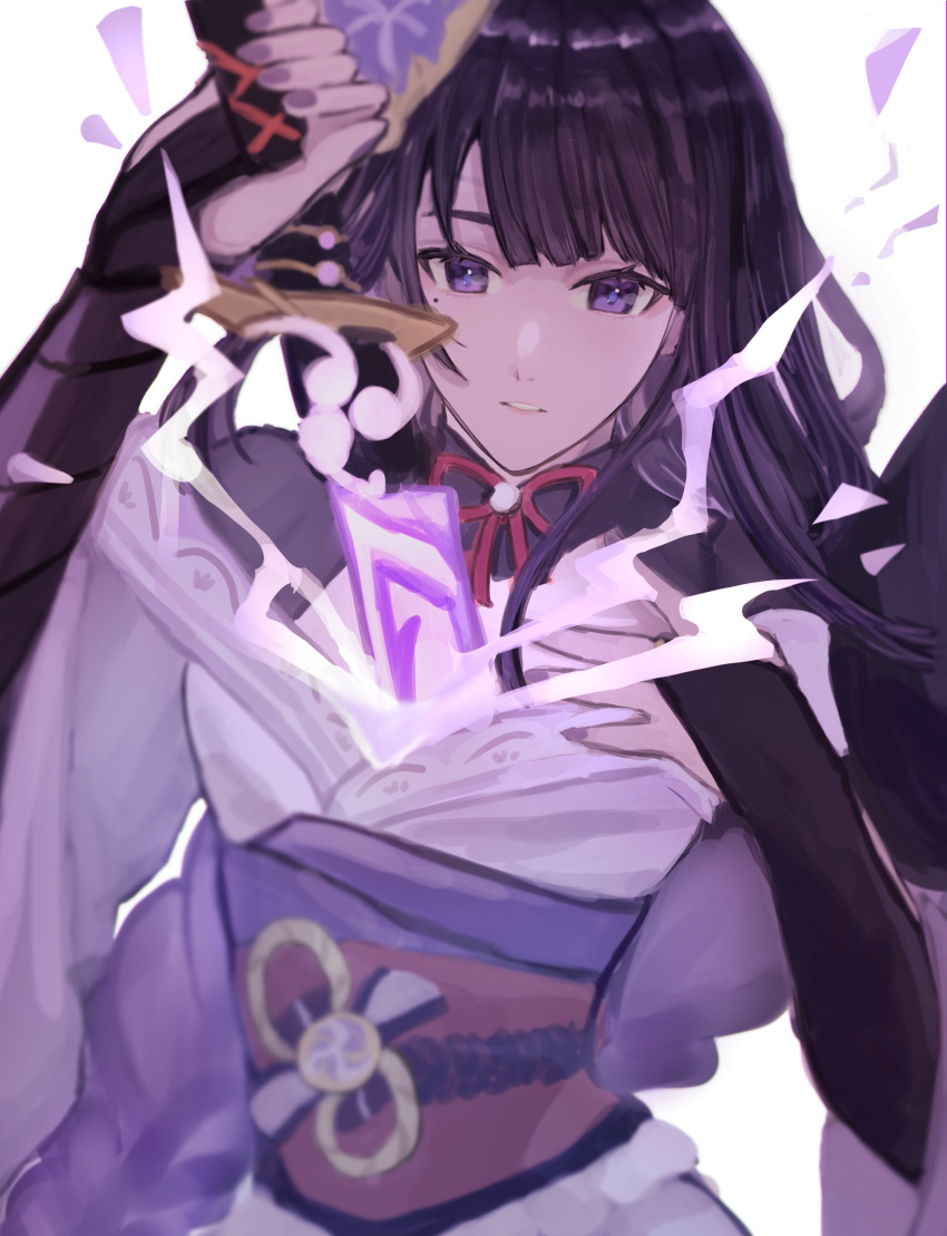 1girl, absurdres, bangs, breasts, commentary_request, electricity, flower, genshin_impact
