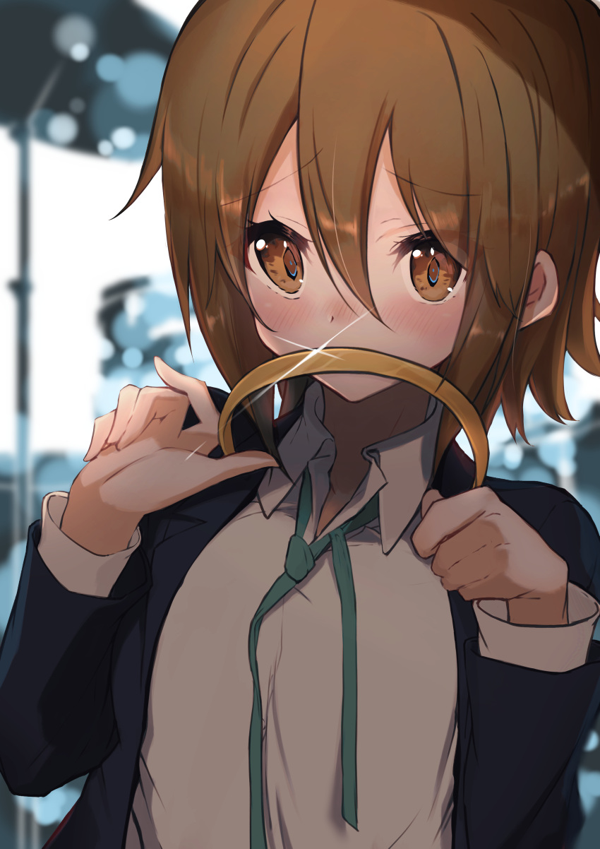 1girl, absurdres, aqua_neckwear, bangs, blurry, blurry_background, blush, brown_eyes, brown_hair, commentary_request, eyebrows_visible_through_hair, hairband, highres, holding, k-on!, kootee-on, long_sleeves, looking_at_viewer, neck_ribbon, ribbon, school_uniform, shirt, short_hair, solo, tainaka_ritsu, upper_body, white_shirt