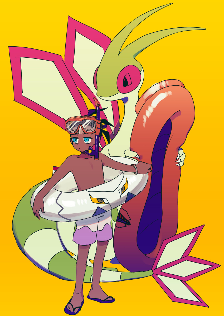 1boy, absurdres, black_hair, blue_eyes, bracelet, character_print, closed_mouth, collarbone, dark-skinned_male, dark_skin, duraludon, flip-flops, flygon, gen_3_pokemon, gen_8_pokemon, goggles, goggles_on_head, highres, hironegaika, holding, holding_innertube, innertube, jewelry, male_focus, male_swimwear, pokemon, pokemon_(creature), pokemon_(game), pokemon_swsh, raihan_(pokemon), sandals, shirtless, snorkel, standing, swim_trunks, toes, yellow_background, younger