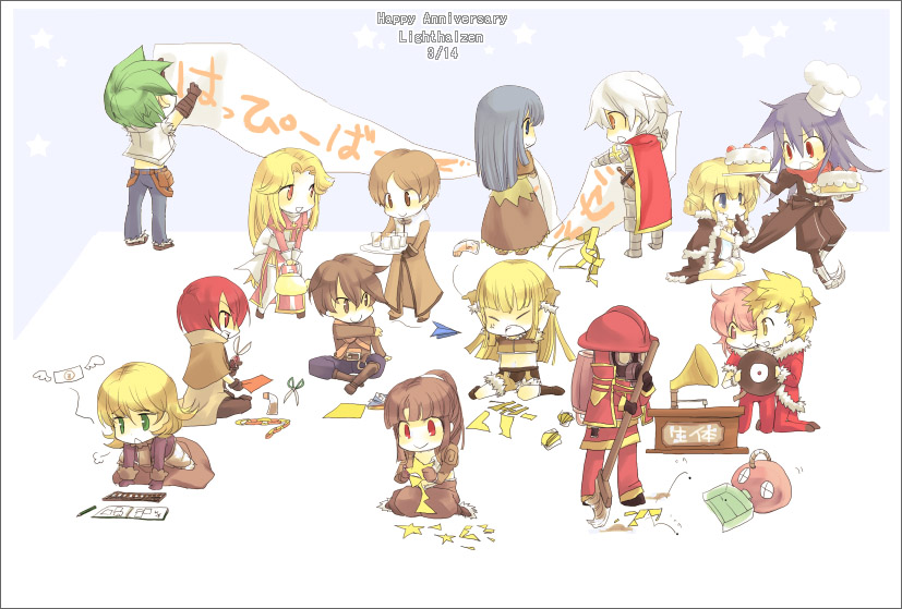 1other, 6+boys, 6+girls, acolyte_(ragnarok_online), anger_vein, anniversary, archer_(ragnarok_online), armeyer_dinze, armor, armored_boots, assassin_cross_(ragnarok_online), bangs, banner, belt, bio_lab, black_cape, black_footwear, black_gloves, black_pants, black_shirt, black_shorts, blonde_hair, blue_eyes, blue_hair, blue_pants, blue_shorts, blunt_bangs, boots, bow, breastplate, broom, brown_belt, brown_cape, brown_capelet, brown_dress, brown_eyes, brown_footwear, brown_gloves, brown_hair, brown_jacket, brown_pants, brown_shirt, brown_shorts, cake, cape, capelet, cassock, cecil_damon, chef_hat, closed_eyes, closed_mouth, coat, commentary_request, crop_top, cross, cup, dated, dress, dustpan, egnigem_cenia, eremes_guile, errende_ebecee, eyebrows_visible_through_hair, firefighter, food, frilled_dress, frills, full_body, fur-trimmed_cape, fur-trimmed_gloves, fur-trimmed_pants, fur-trimmed_shirt, fur-trimmed_shorts, fur_trim, garter_straps, gas_mask, gauntlets, gemini_s58, gloves, green_eyes, green_hair, grin, hair_between_eyes, hat, high_heels, high_priest_(ragnarok_online), high_wizard_(ragnarok_online), holding, holding_teapot, holding_tray, howard_alt-eisen, jacket, juliet_sleeves, katheryne_keyron, kavach_icarus, laurell_weinder, leg_armor, long_hair, long_sleeves, looking_at_another, lord_knight_(ragnarok_online), mage_(ragnarok_online), margaretha_solin, medium_hair, merchant_(ragnarok_online), metaling, midriff, money, multiple_boys, multiple_girls, muneate, navel, nozomu144, open_clothes, open_mouth, open_shirt, pants, paper_airplane, parted_bangs, pauldrons, phonograph, pink_eyes, pink_hair, ponytail, pouch, puffy_sleeves, ragequit, ragnarok_online, record, red_cape, red_coat, red_dress, red_eyes, red_pants, red_scarf, redhead, remover_(ragnarok_online), sash, scabbard, scarf, scissors, seiza, seyren_windsor, sheath, sheathed, shirt, shoes, short_dress, short_hair, short_shorts, shorts, shoulder_armor, shrug_(clothing), sitting, skull, sleeveless, sleeveless_shirt, smile, sniper_(ragnarok_online), standing, star_(symbol), sword, swordsman_(ragnarok_online), teapot, thief_(ragnarok_online), thigh-highs, torn_cape, torn_clothes, torn_shirt, tray, two-tone_dress, two-tone_shirt, two-tone_shorts, vambraces, waist_cape, weapon, white_bow, white_dress, white_hair, white_legwear, white_sash, white_shirt, whitesmith_(ragnarok_online), wickebine_tres, yellow_eyes