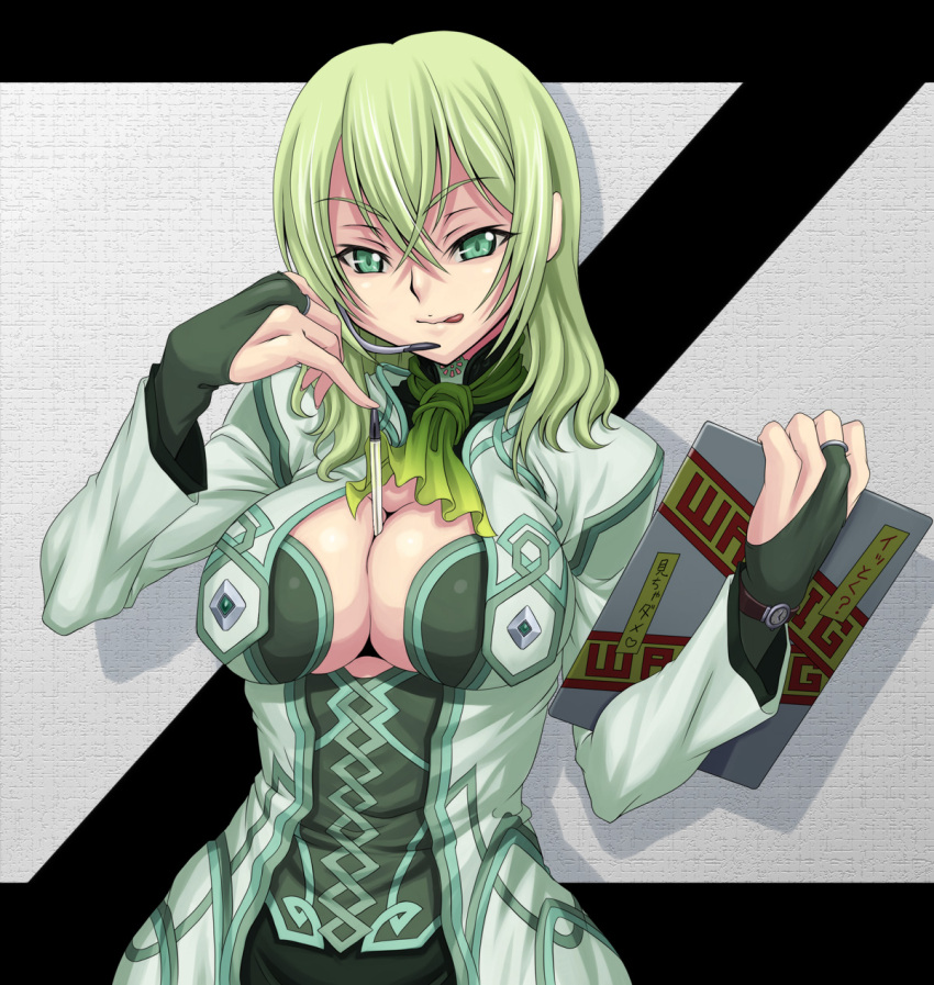 between_breasts, border_break, breasts, bridal_gauntlets, cleavage, fiona_(border_break), green_eyes, green_hair