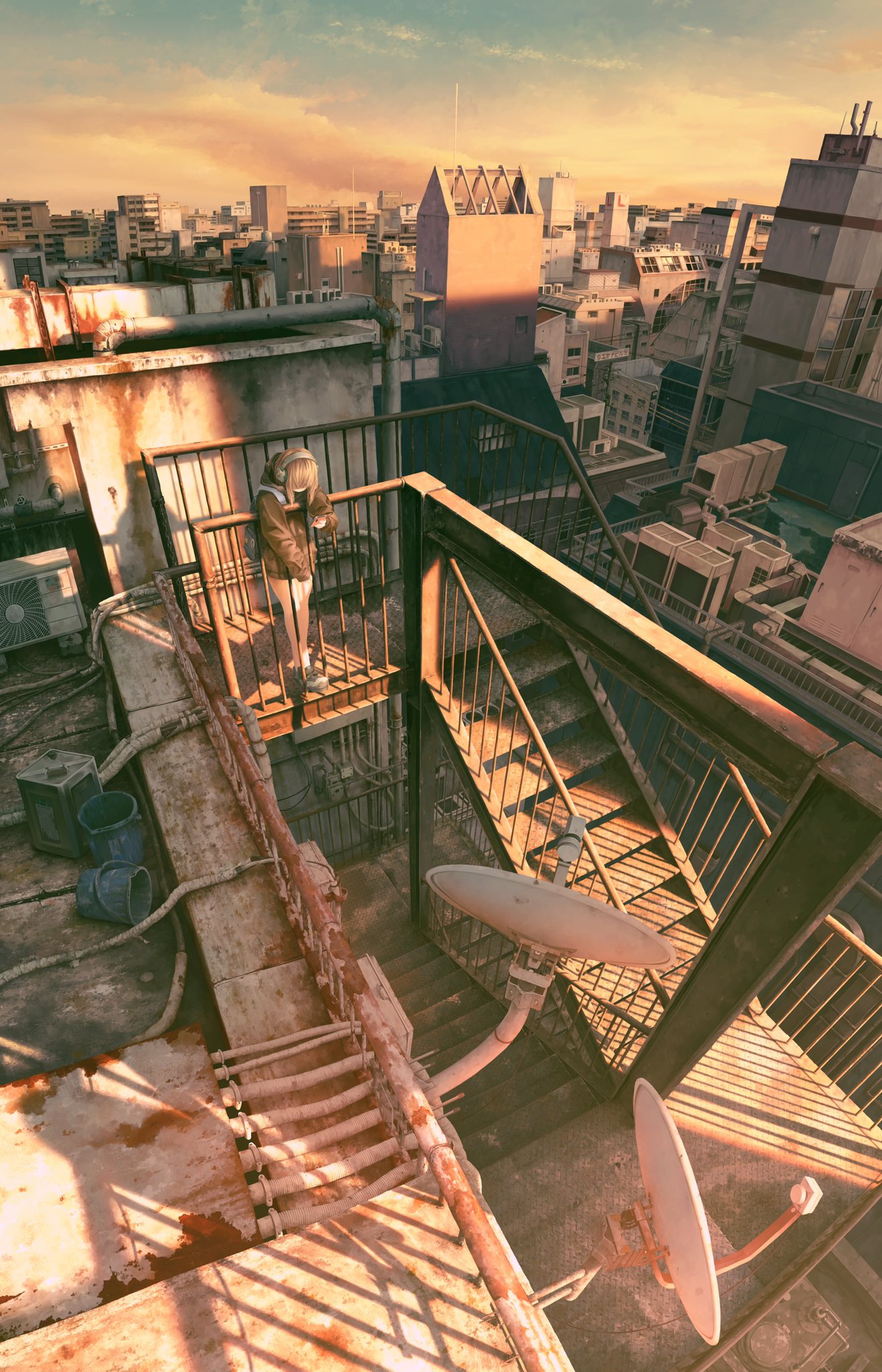 1girl, against_railing, air_conditioner, backpack, bag, bangs, black_footwear, blonde_hair