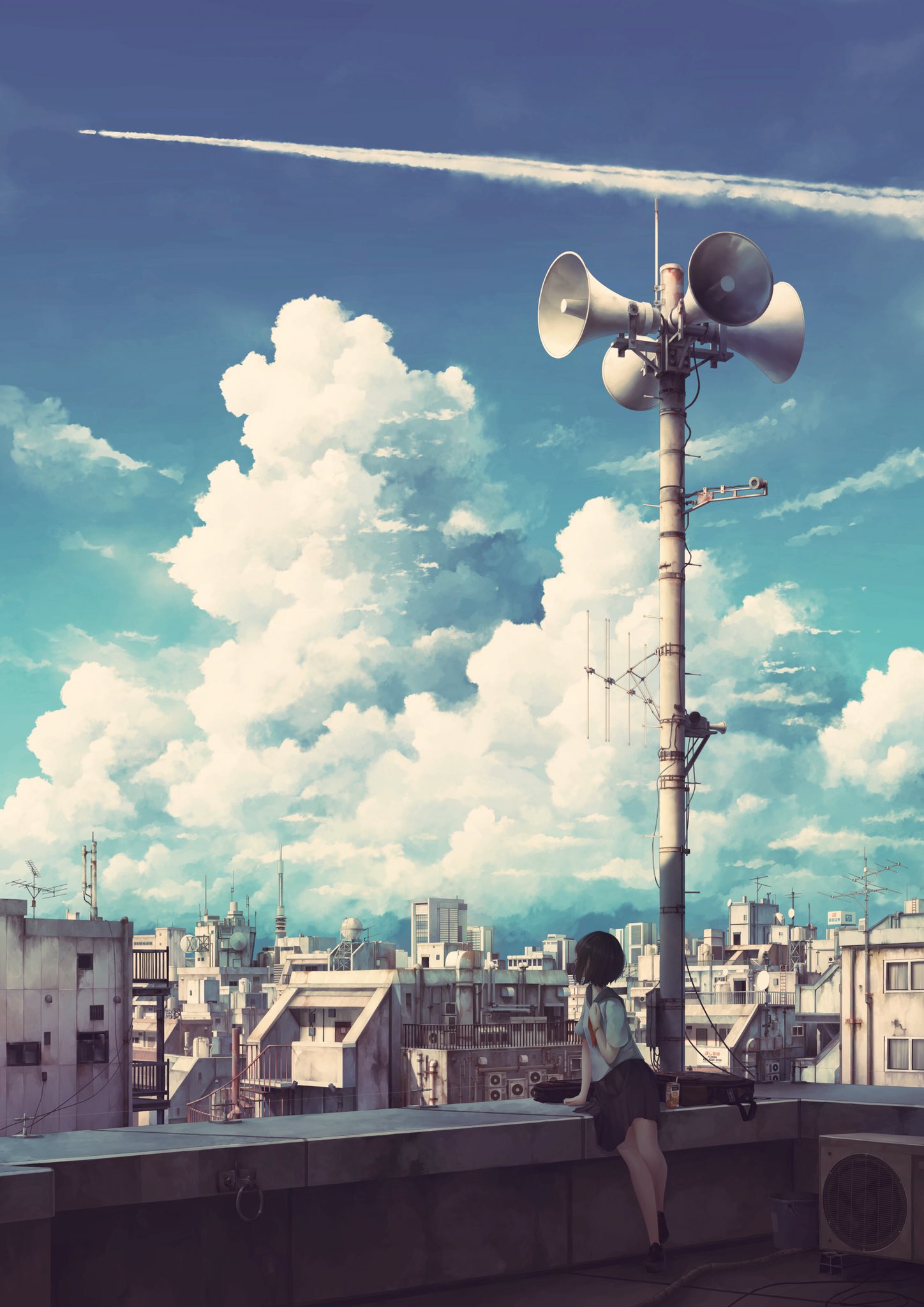 1girl, air_conditioner, antenna_mast, bag, bag_removed, black_footwear, black_hair, black_sailor_collar