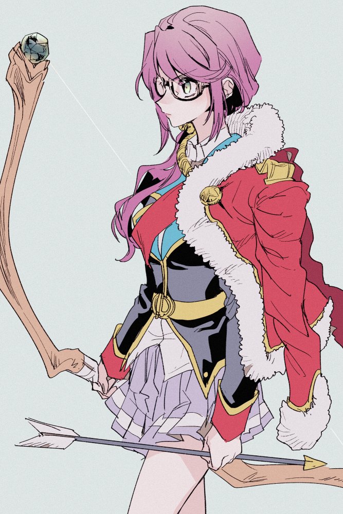 1girl, aqua_background, arms_at_sides, arrow_(projectile), asa_(asa_410st), bangs, bell, belt, belt_buckle, black-framed_eyewear, black_jacket, bow_(weapon), buckle, closed_mouth, collared_shirt, commentary, cowboy_shot, eyebrows_visible_through_hair, fur-trimmed_jacket, fur_trim, glasses, green_eyes, grey_skirt, hair_bell, hair_ornament, hair_over_shoulder, holding, holding_arrow, holding_bow_(weapon), holding_weapon, hoshimi_junna, jacket, jacket_on_shoulders, jingle_bell, long_hair, long_sleeves, looking_away, low_ponytail, miniskirt, pleated_skirt, purple_hair, red_jacket, red_sash, sash, serious, shirt, shoujo_kageki_revue_starlight, side_ponytail, sidelocks, simple_background, single_stripe, skirt, solo, standing, striped, striped_skirt, swept_bangs, v-shaped_eyebrows, weapon, white_shirt, yellow_belt