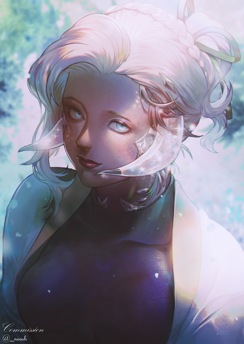 1girl, absurdres, au_ra, blue_eyes, braid, breasts, commission, final_fantasy