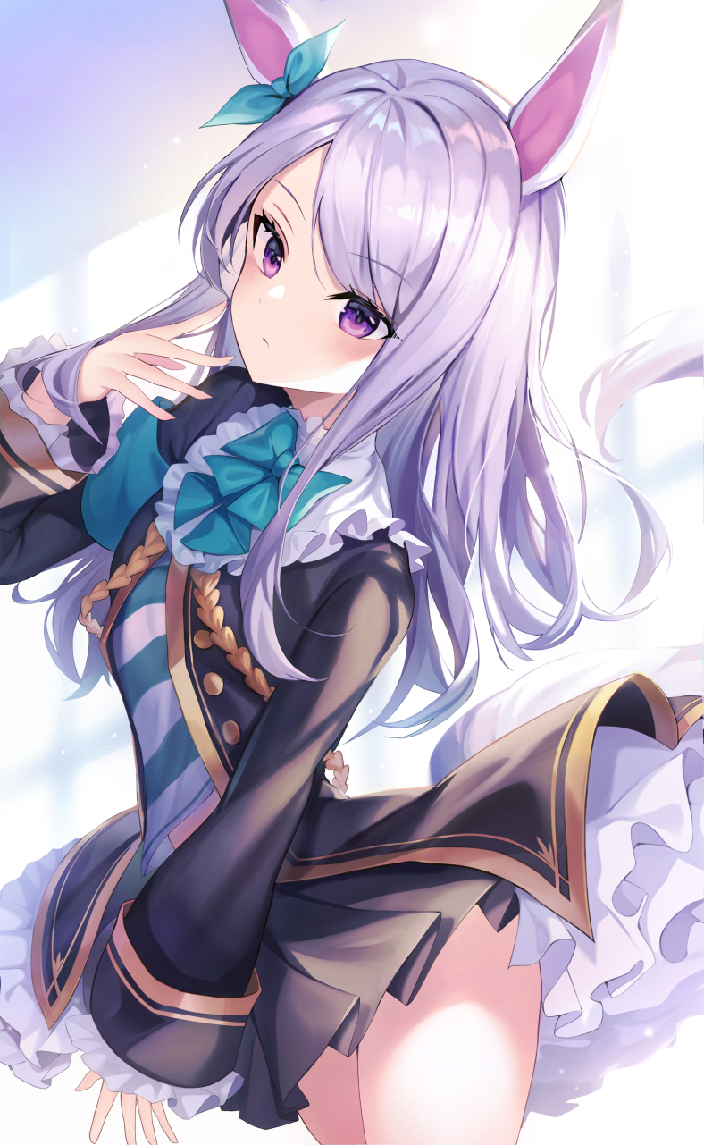 1girl, aiguillette, animal_ears, aqua_bow, aqua_neckwear, aqua_ribbon, armband, bangs