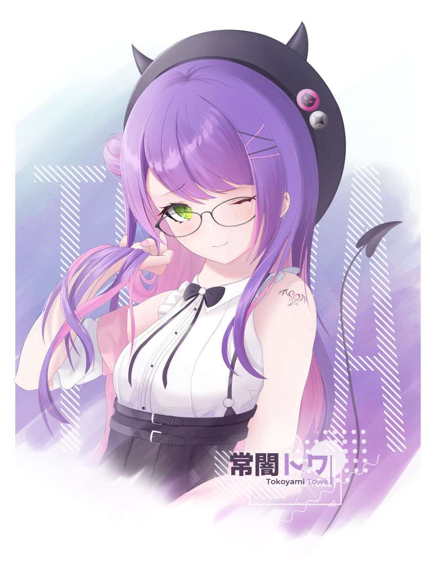1girl, ;), absurdres, bare_shoulders, beret, black-framed_eyewear, black_headwear, black_neckwear