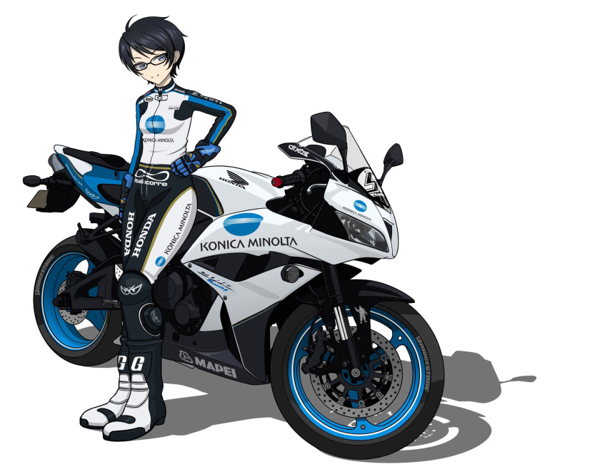 1girl, bangs, biker_clothes, bikesuit, black-framed_eyewear, black_eyes, black_hair, blue_gloves