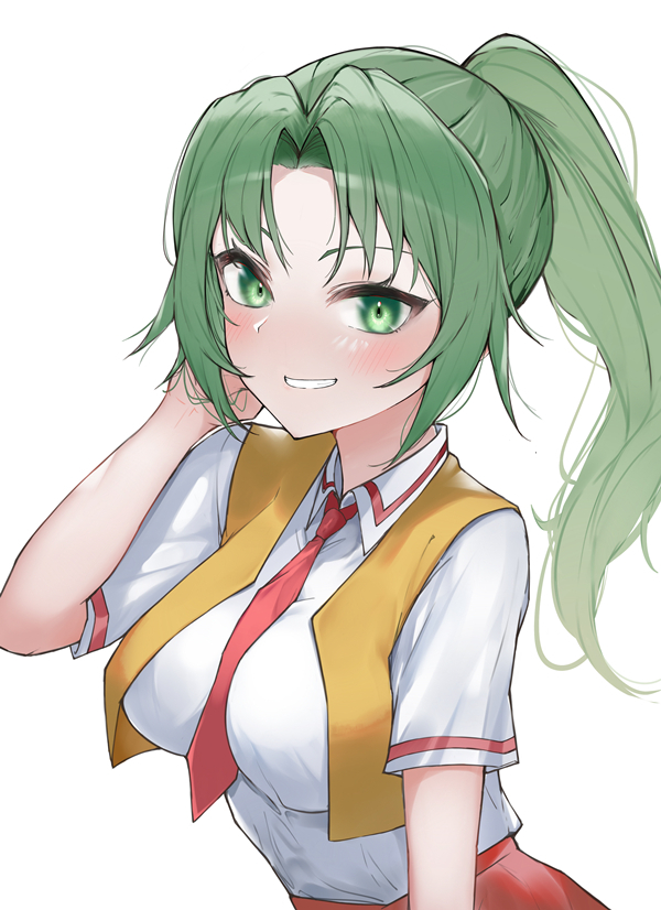 1girl, blush, breasts, cowboy_shot, cropped_vest, green_eyes, green_hair, hand_in_hair