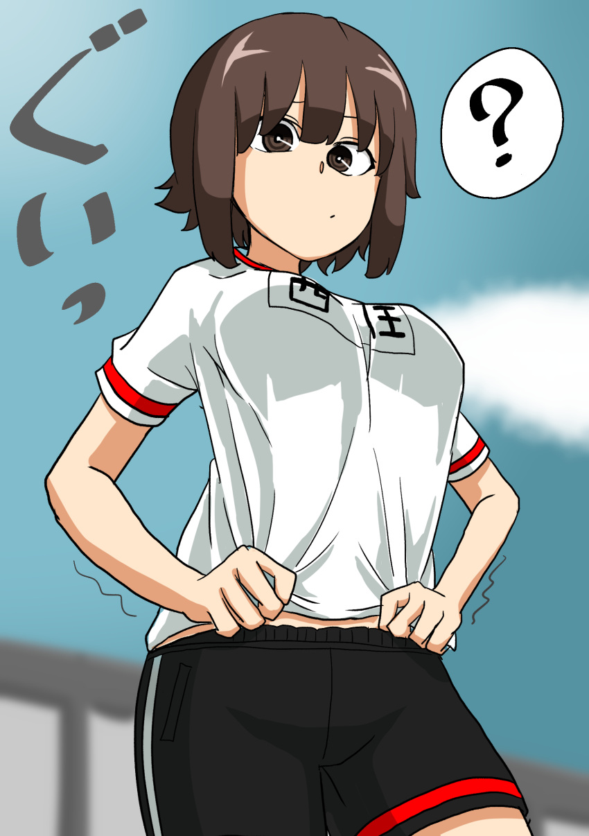 1girl, ?, absurdres, bangs, blurry, blurry_background, breasts, brown_eyes