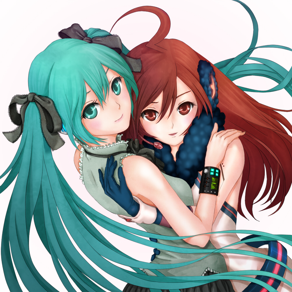 ahoge, aqua_eyes, aqua_hair, ar, brown_eyes, brown_hair, earmuffs, gloves