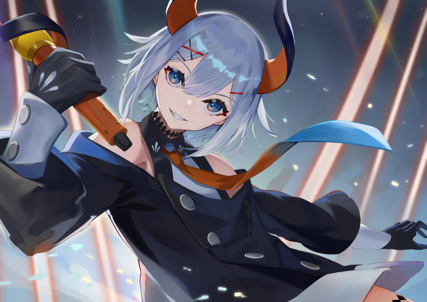 1girl, absurdres, bare_shoulders, commentary_request, demon_girl, demon_horns, gloves, hair_between_eyes, highres, holding, holding_microphone, horns, levi_elipha, long_sleeves, looking_at_viewer, microphone, necktie, nekumega, nijisanji, parted_lips, short_hair, silver_hair, solo, teeth, upper_body, virtual_youtuber