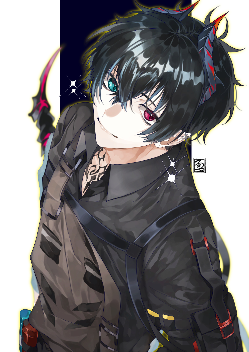 1boy, alchemy_stars, bangs, black_shirt, blue_background, blue_eyes, collared_shirt, commentary_request