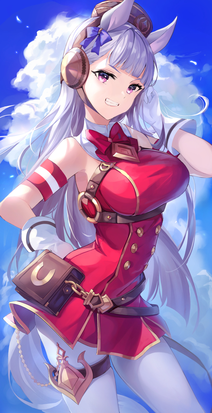 1girl, animal_ears, armband, bag, bangs, belt, black_headwear, blue_ribbon