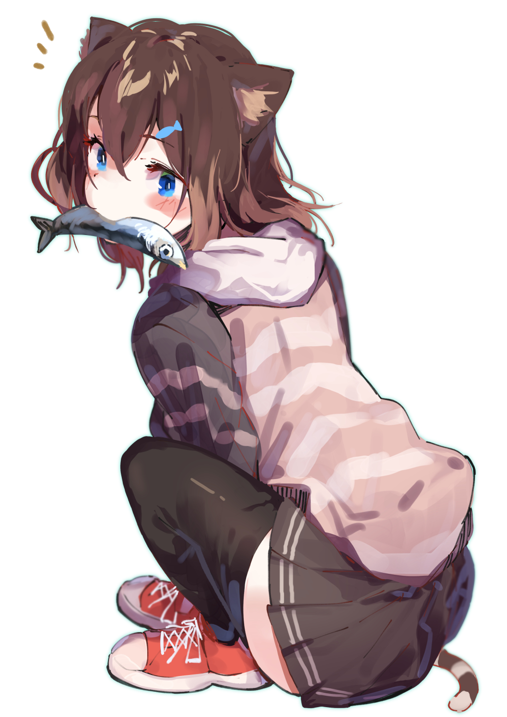 1girl, animal_ears, bangs, black_legwear, black_skirt, blue_eyes, blush_stickers, brown_hair