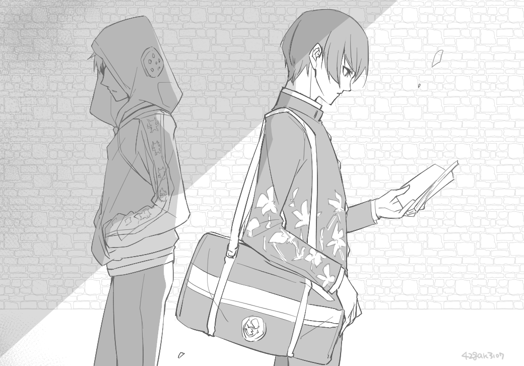 2boys, black_hair, book, bowl_cut, eyelashes, hitoshura, hood, jacket