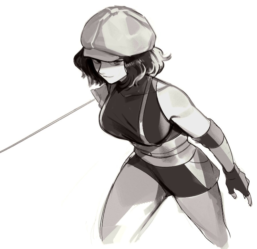 1girl, black_gloves, black_hair, breasts, cowboy_shot, fingerless_gloves, gloves, greyscale, hat, holding, holding_sword, holding_weapon, looking_at_viewer, mandudaein, medium_hair, monochrome, sansan_(the_legend_of_luoxiaohei), shadow, simple_background, sleeveless, smile, solo, sword, the_legend_of_luo_xiaohei, weapon, white_background