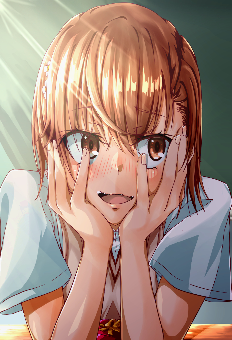 1girl, :d, bangs, blush, bob_cut, box, box_of_chocolates, brown_eyes, brown_hair, brown_sweater_vest, close-up, commentary, covering_face, dress_shirt, elbows_on_table, embarrassed, eyebrows_visible_through_hair, flower, gift, gift_box, hair_between_eyes, hair_ornament, hairclip, halya_meri, hands_on_own_cheeks, hands_on_own_face, head_rest, highres, light_rays, looking_away, misaka_mikoto, nervous, open_mouth, portrait, raised_eyebrows, school_uniform, shirt, short_hair, short_sleeves, smile, solo, sunbeam, sunlight, toaru_kagaku_no_railgun, toaru_majutsu_no_index, tokiwadai_school_uniform, w_arms, wavy_mouth, white_flower, white_shirt