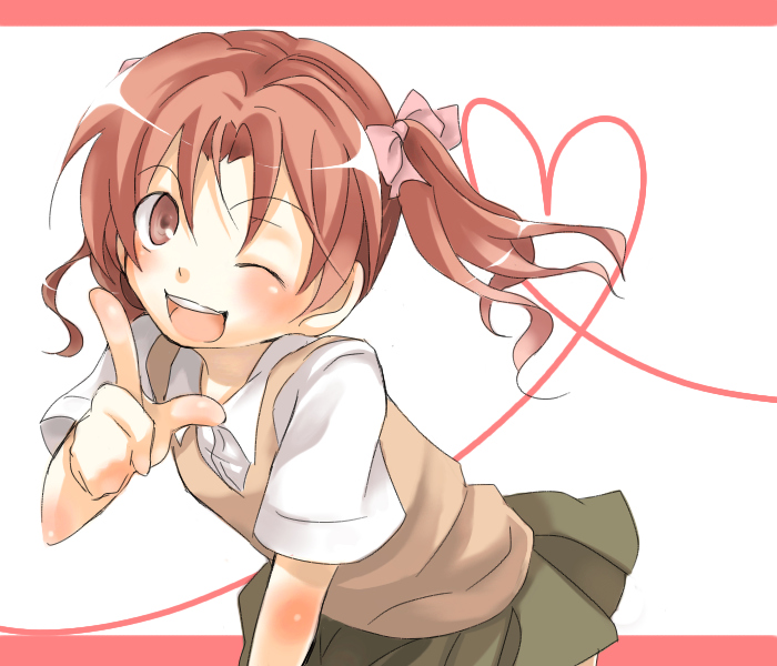 bent_over, brown_eyes, brown_hair, endou_yusa, long_hair, school_uniform, shirai_kuroko, sweater_vest