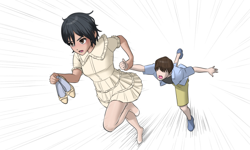 1boy, 1girl, bangs, black_hair, black_undershirt, blue_footwear, blue_shirt, brown_eyes, dress, foot_up, footwear_removed, hair_between_eyes, herikutsu_ryuutsuu_center, holding_hands, messy_hair, notice_lines, open_clothes, open_mouth, open_shirt, original, outstretched_arm, pantyhose, running, shirt, shoes, short_hair, shorts, t-shirt, tan, v-shaped_eyebrows, white_dress, yellow_shorts