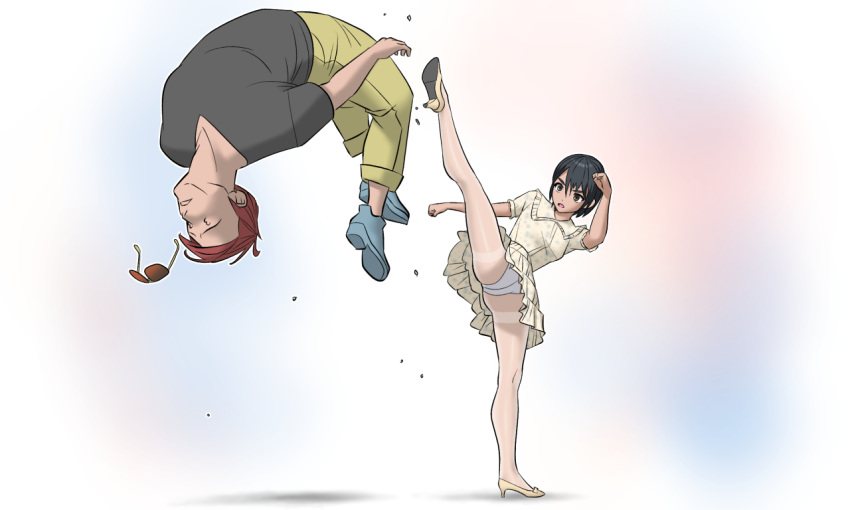 1boy, 1girl, arm_up, black_hair, black_shirt, blue_footwear, brown_eyes, brown_hair, dress, eyewear_removed, falling, fighting, fighting_stance, gradient, gradient_background, herikutsu_ryuutsuu_center, high_heels, high_kick, kicking, open_mouth, original, outstretched_arm, panties, panties_under_pantyhose, pants, pantyhose, shadow, shirt, shoes, short_hair, standing, standing_on_one_leg, sunglasses, t-shirt, thick_eyebrows, underwear, v-shaped_eyebrows, white_background, white_dress, white_footwear, white_legwear, white_panties, yellow_pants