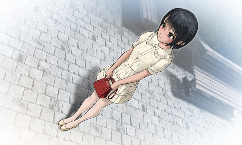 1girl, bag, bangs, bench, black_hair, blush_stickers, brown_eyes, closed_mouth
