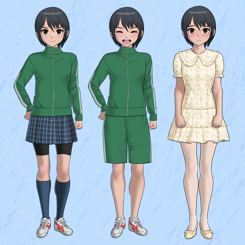 1girl, :d, bangs, bike_shorts, black_hair, black_shorts, blue_background, blue_legwear, blue_sky, blush, brown_eyes, character_sheet, clenched_hands, closed_eyes, commentary, dress, embarrassed, frown, full_body, green_jacket, green_shorts, hair_between_eyes, hand_on_hip, herikutsu_ryuutsuu_center, highres, jacket, jersey, kneehighs, multiple_views, nose_blush, open_mouth, original, pantyhose, plaid, plaid_skirt, shoes, short_hair, shorts, skirt, sky, smile, sneakers, socks, standing, texture, tomboy, track_jacket, track_suit, v-shaped_eyebrows, white_footwear, white_legwear, yellow_dress