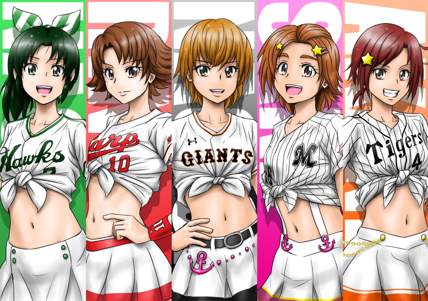 5girls, anchor_ornament, background_text, bangs, baseball_jersey, belt, black_belt, breasts