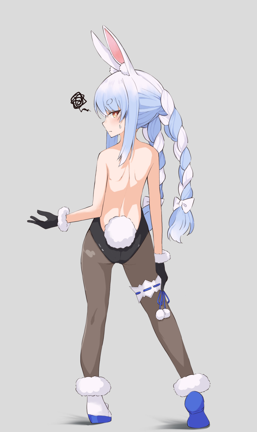 1girl, absurdres, animal_ear_fluff, animal_ears, ass, backless_leotard, black_gloves, blue_hair