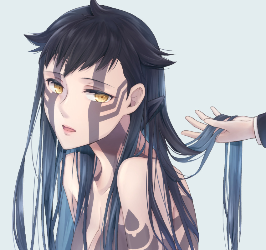 1girl, black_hair, breasts, eyelashes, full-body_tattoo, genderswap, genderswap_(mtf), hitoshura, long_hair, looking_at_viewer, sakanisako, shin_megami_tensei, shin_megami_tensei_iii:_nocturne, shin_megami_tensei_v, shirtless, shorts, simple_background, solo, tattoo, yellow_eyes