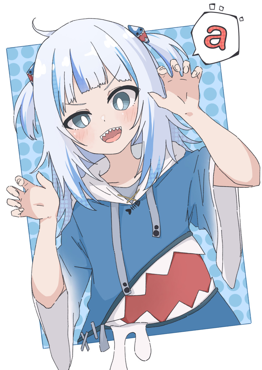 1girl, absurdres, animal_hood, blue_hair, claw_pose, gawr_gura, grey_eyes, hair_ornament