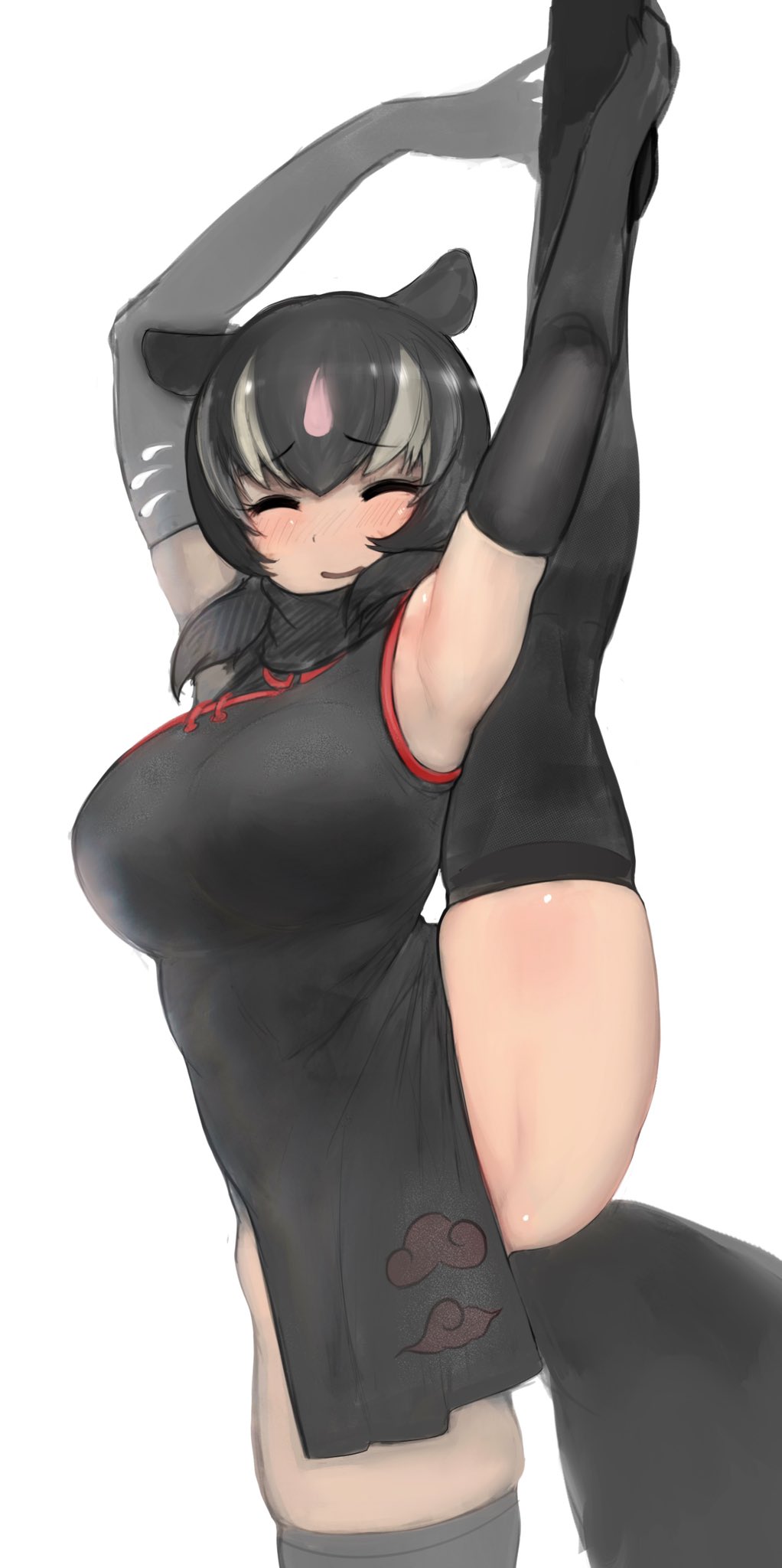 1girl, alternate_breast_size, animal_ears, armpits, arms_up, aye-aye_(kemono_friends), bangs, black_gloves