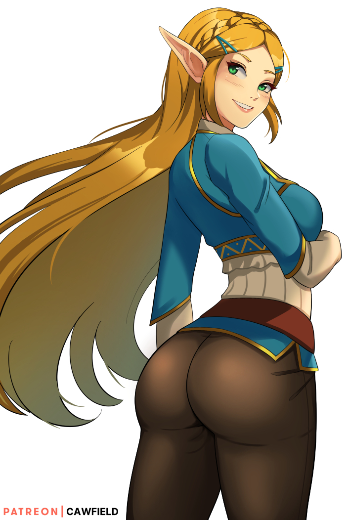 ass, blonde_hair, blue_shirt, blush, braid, breasts, cawfield, cowboy_shot