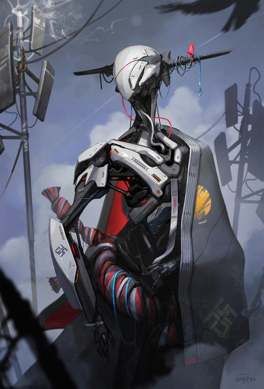1other, cable, clouds, cloudy_sky, esuthio, ethernet_cable, highres, hydraulics, no_eyes, no_humans, no_mouth, open_clothes, open_robe, radio_antenna, radio_tower, robe, robot, rope_belt, sky, zip-tie